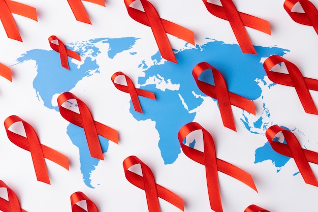 사진 리본 기호가 있는 세계 에이즈의 날 개념 구색