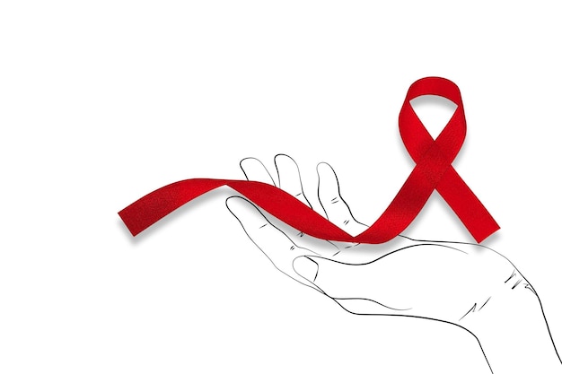 Photo world aids day hands holding with red ribbon aids awareness icon design for poster banner tshirt illustration isolated on white background stop aids