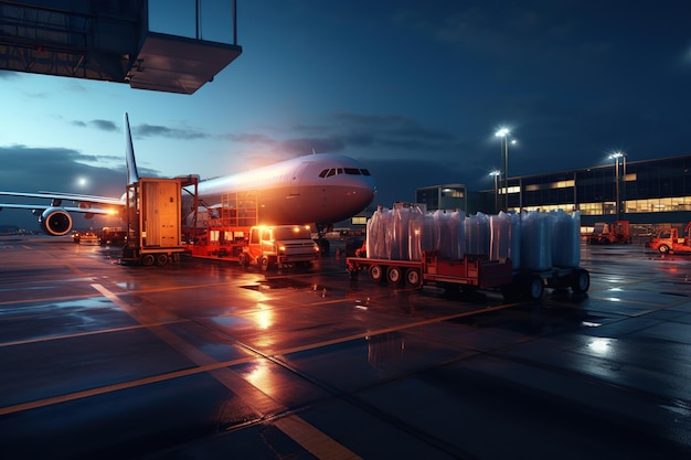 Foto il mondo del trasporto aereo di merci raffigura un'affollata pista di atterraggio di un aeroporto con aerei cargo di varie dimensioni che vengono caricati e scaricati.