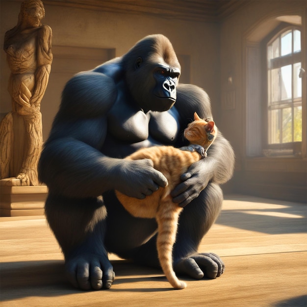 World Anima Day a realistic and gigantic gorilla lovingly caressing a little tortie cat maintaining