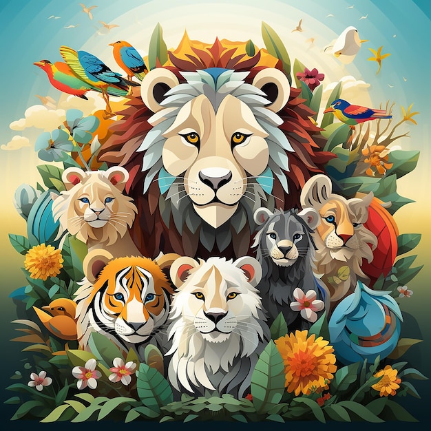 World Animal Day Artistic Exploration Charmante illustraties van beren, apen, tijgers, leeuwen, giraffen