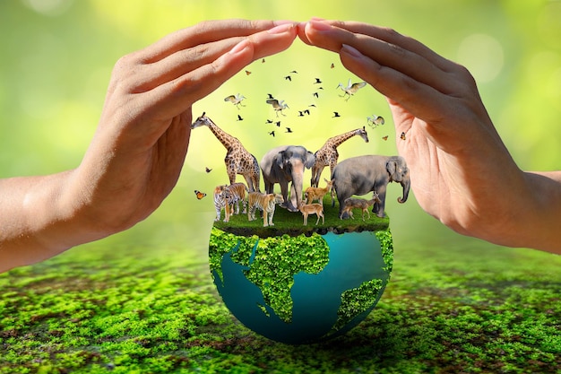 World Animal Day World Wildlife Day Groups of wild beasts were gathered in the hands of people