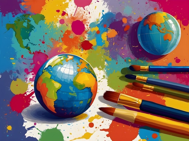 World art day template April 15th globe painting brushes colour palette background artistic banner