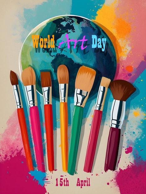 World art day template April 15th painting brushes colour palette background artistic banner