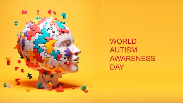Фото Баннер всемирного дня осведомленности об аутизме человеческая голова, сделанная из различных красочных маленьких головоломок с высоким качеством фотографии