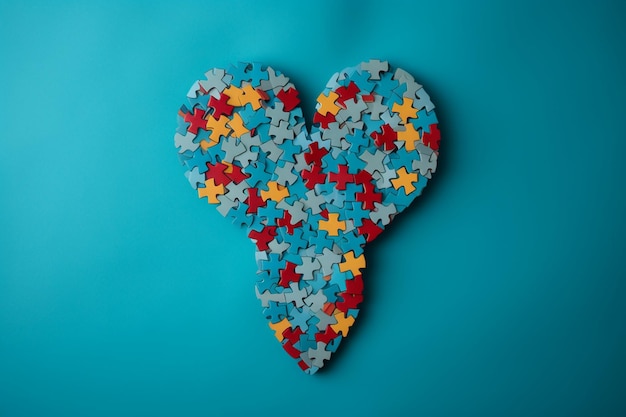 Photo world autism awareness day heart made of colorful puzzle pieces and woman on light blue background