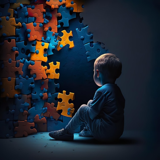 World autism awareness day Little boy sitting before the wall made from jigsaw puzzle pieces Child autism concept Generative AI