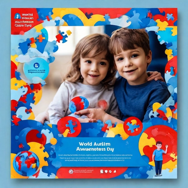 Фото Шаблон плаката всемирного дня осведомленности об аутизме плоская иллюстрация редактируемая квадратный фон подходит для социальных сетей или открыток
