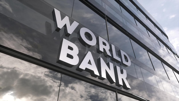 Photo world bank on glass building mirrored sky and city modern facade financial concept 3d illustration