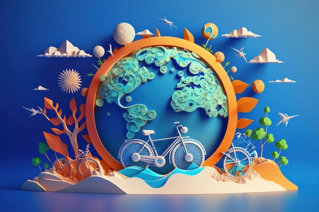 파란색 배경의 세계 자전거의 날 친환경 자전거 개념 Generative AI