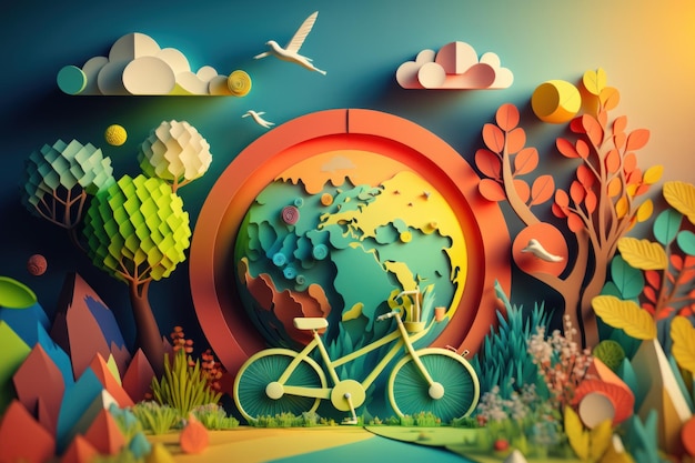 World bicycle day colorful background in paper cut style Eco friendly bicycle concept Generative AI