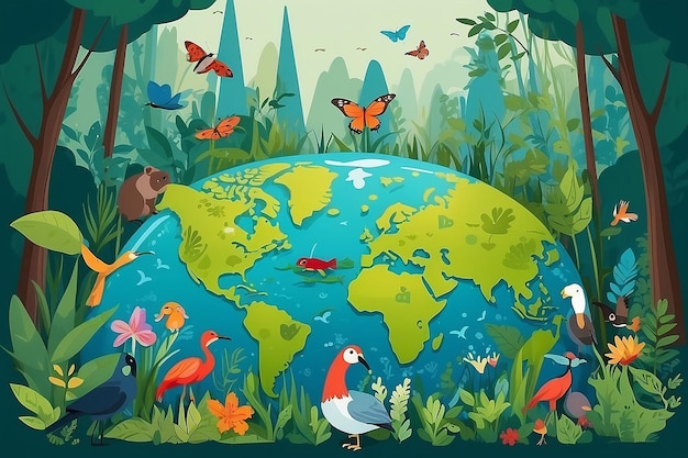 Foto illustrazione vettoriale della giornata mondiale della biodiversità con la diversità biologica terra e i vari animali della natura