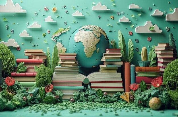 世界書籍デー 3Dイラスト 地球の周りに書籍の積み重ね 植物の生命の雲