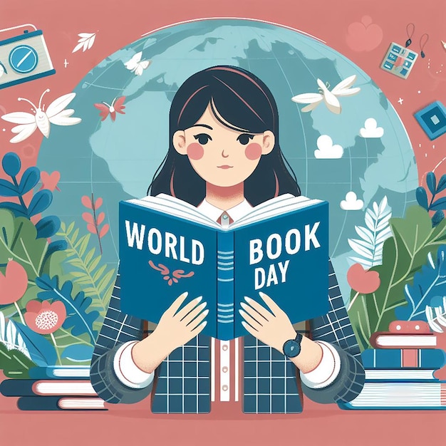 World book day banner template with a person holding an open book in their hands