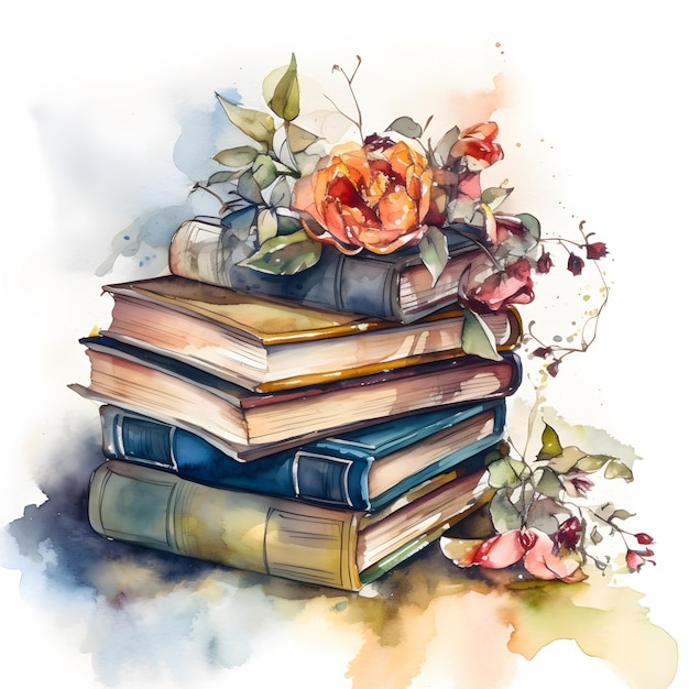 World book day concept Illustration with stack of books Watercolor style AI generative