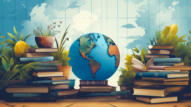 World Book Day Concept world globe and books on a school desk