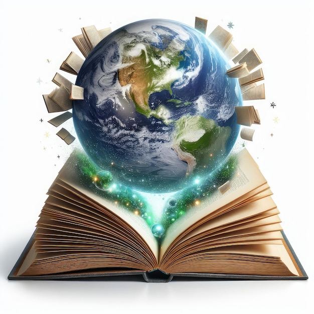世界書籍の日 - 地球は白い背景に隔離された本から出てきます