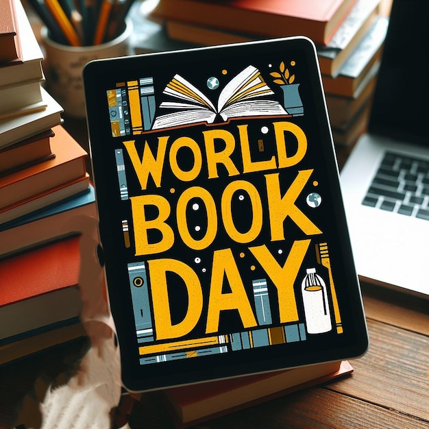 Photo world book day lettering in front of a book