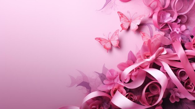 写真 世界乳がん啓発月間のコンセプト デザイン蝶の装飾が施されたピンクのリボン