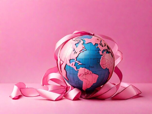 World cancer awareness day pink ribbon with earth globe on pink background