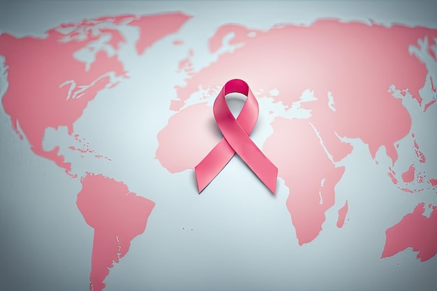 세계 지도에 있는 세계 암의 날 유방암 인식 리본