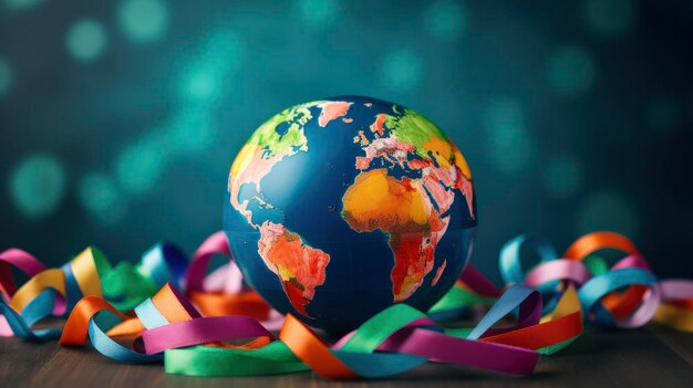 Photo world cancer day colorful ribbons planet earth