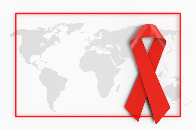 세계 암의 날 개념 흰색 배경 3d 렌더링에 세계 지도와 프레임에 빨간 유방암 리본