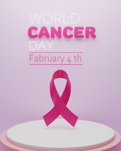 World cancer day concept with pink bow on podium 3d rendering