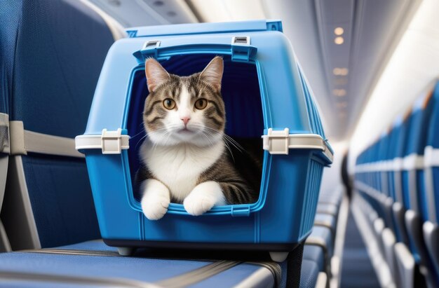 Photo world cat day transportation of pets in transport traveling with pets a cat on a plane a striped gray cat in a carrier