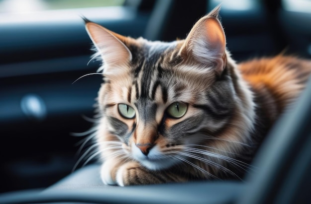 세계 고양이의 날, 세계 관광의 날, 반려동물과 함께 여행, 뒷좌석에 있는 차에 있는 회색 고양이, 동물과 함께 여행