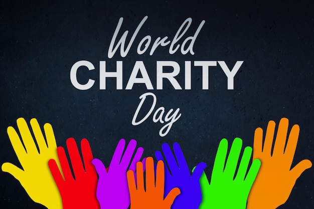 World charity day text with colorful hands