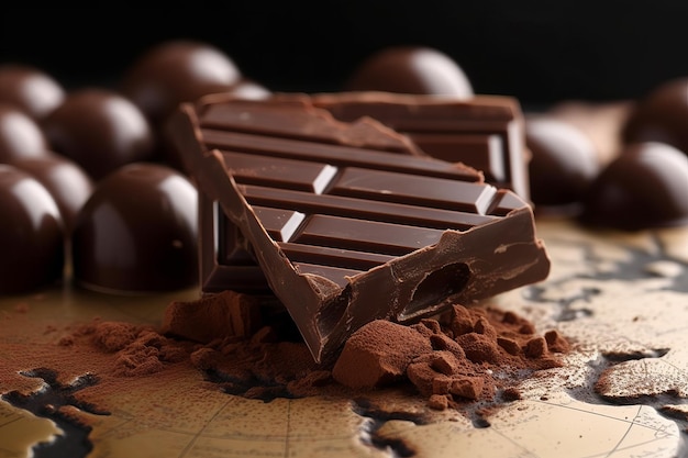 World Chocolate Day A dark chocolate bar sits on a map of the world