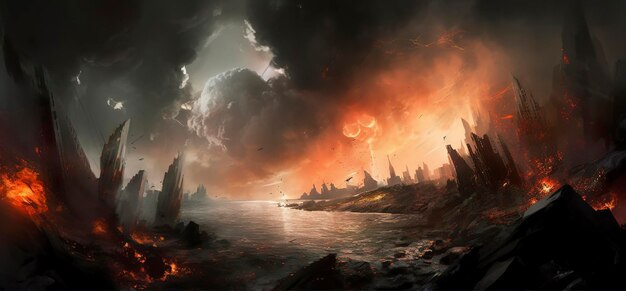 World Collapse Doomsday Scene in een Digital Painting AI Generative