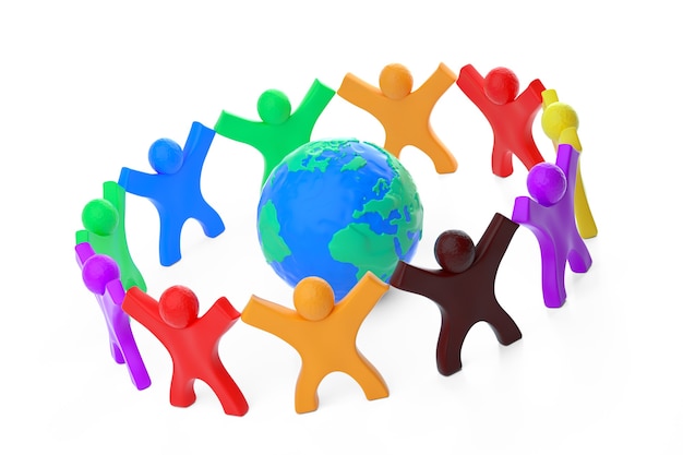 World Communication Concept. Plasticine Clay Colorful People around of Earth Globe Modeling from Plasticine Blue and Green Clay on a white background 3d Rendering