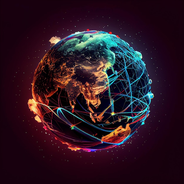 World connected by the internet planet earth with wires cyberspace and technology concept