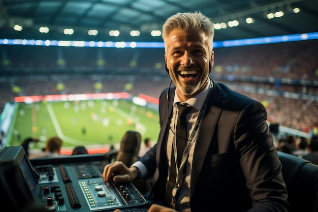 Foto commentatore della partita di calcio della finale della coppa del mondo ai