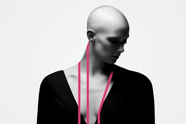 Photo world day against breast cancer black and white portrait of woman surrounded by pink ribbon