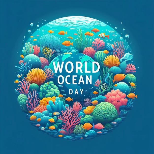 Photo world day in the ocean with corals blue design