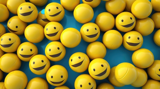 World Day of Smiles Yellow balls with painted smiles on a blue background Generative AI