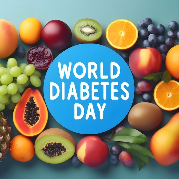 World diabetes day poster with fruits on blue background Vector illustration