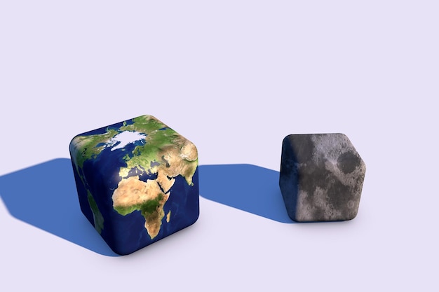 World Earth Day 3D illustration Planet Earth in the form of a cube with the moon