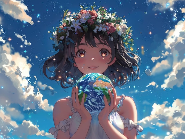 Photo world earth day anime girl holds earth