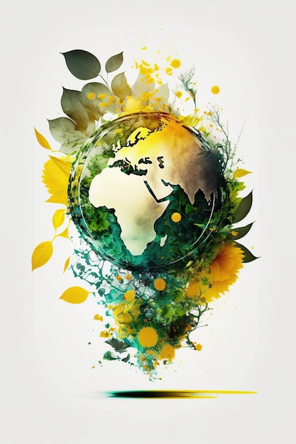 Глобус Всемирного дня Земли с левитирующими цветами и растениями