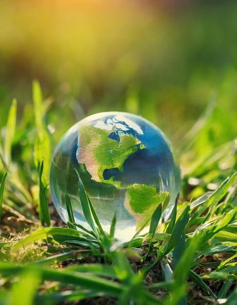 Фото Всемирный земной глобус, лежащий на травяном поле международный день земли концепция глобального потепления