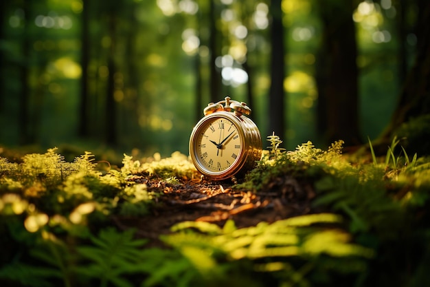 세계 지구 시간 알람 시계는 숲에 서 있습니다. 불을 끄고 에너지를 절약하고 자연을 보호합니다.