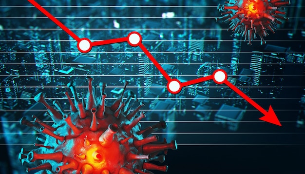 世界経済とコロナウイルスの概念。コロナウイルスが証券取引所に与える影響。