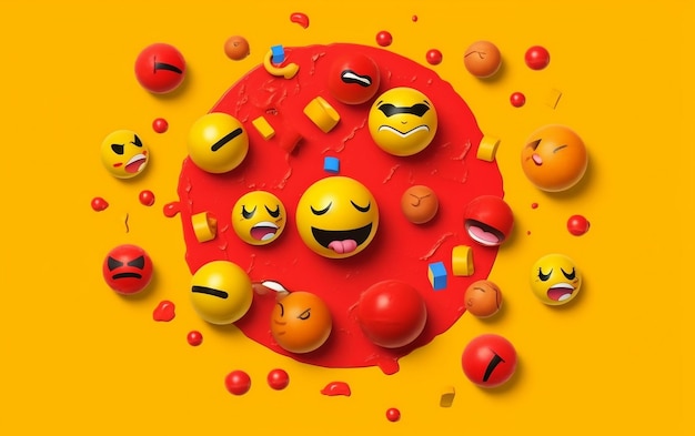 Foto la giornata mondiale degli emoji 3d sullo sfondo di uno striscione con un gruppo di emoji divertenti in diverse facce