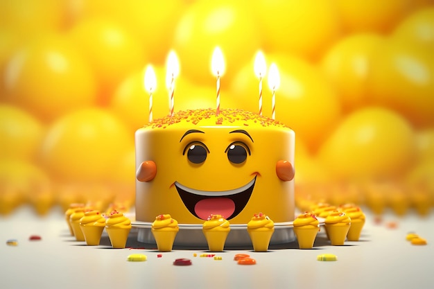 World Emoji Day Een taart met een gezicht en een heleboel kleine cupcakes erop