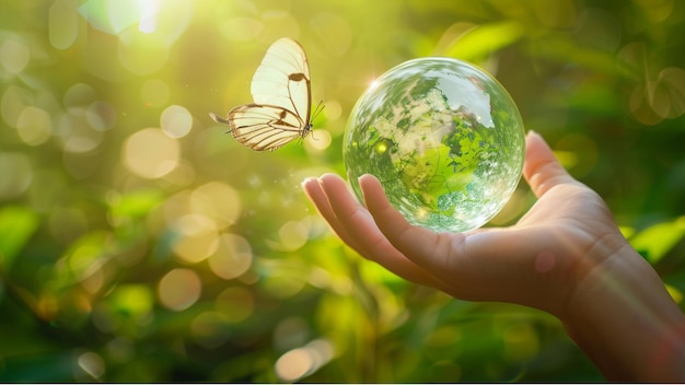 world enviroment day concept glass globe in hand with butterfly on top