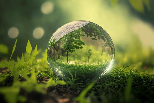 Всемирная концепция окружающей среды и День Земли со стеклянным глобусом и искусственным интеллектом, созданным экологией